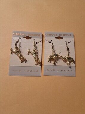 New Circus Circus Las Vegas Gold Tone Clown And Carousel Elephant Earrings